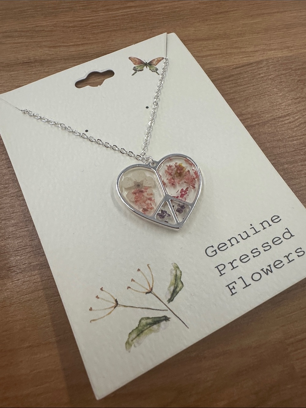 Silver Heart Pendant Necklace with Pink Pressed Flowers